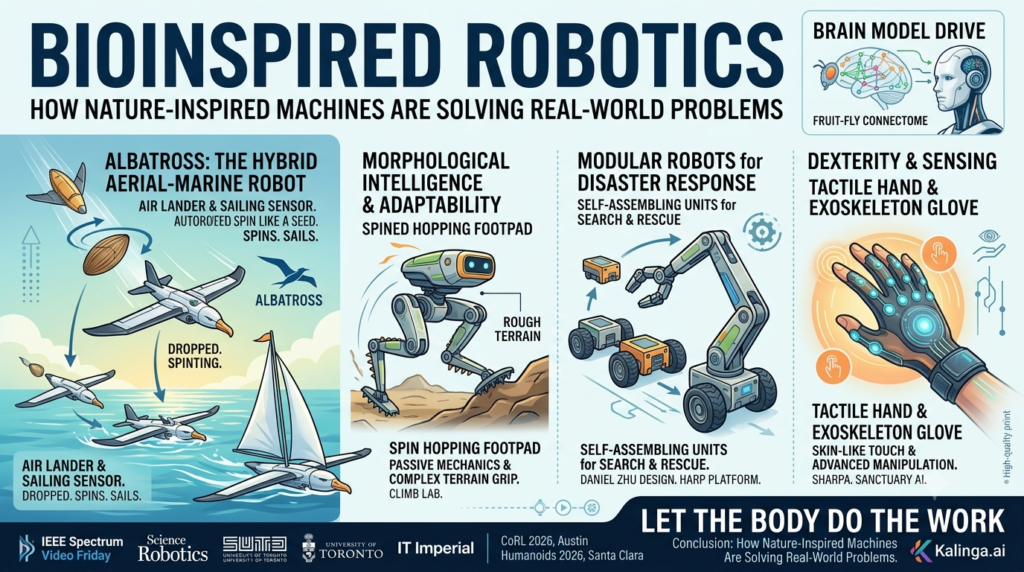 A futuristic bioinspired robot designed like a falling seed, showcasing nature-inspired robotics solving real-world problems.