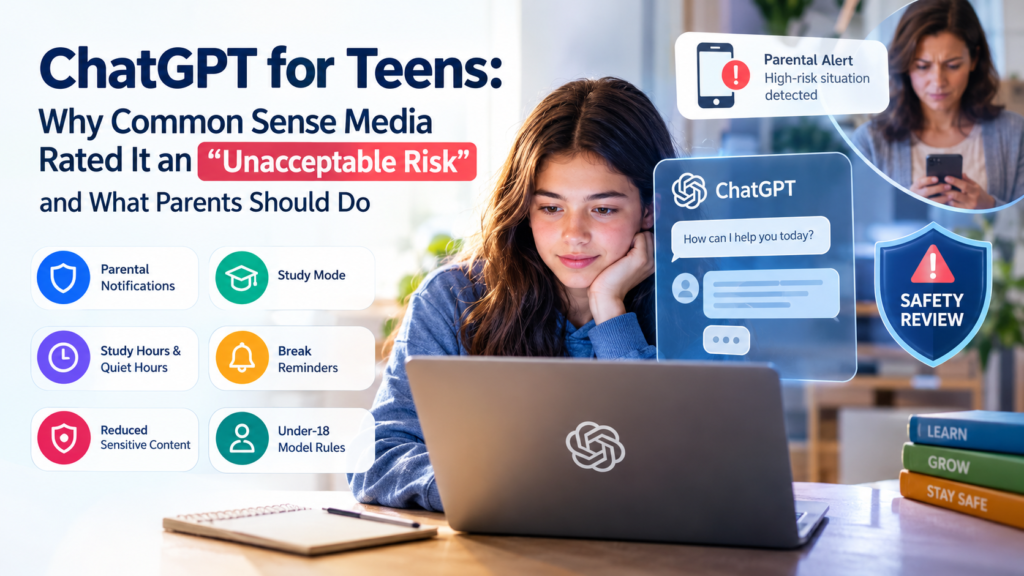 ChatGPT for Teens safety review showing AI safeguards, parental controls, and teen online safety concerns.