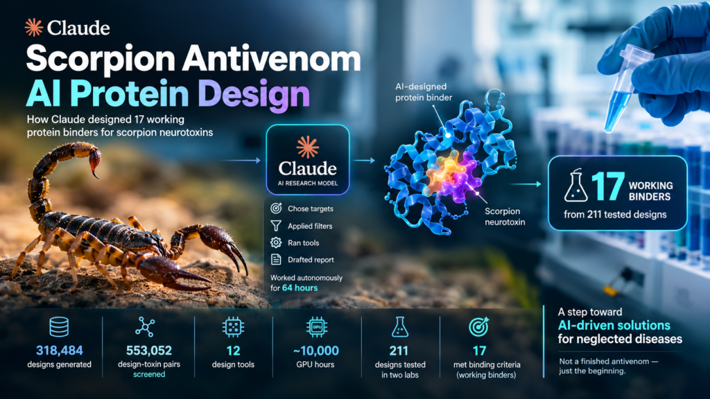 Claude scorpion antivenom research showing AI-designed protein binders targeting dangerous scorpion neurotoxins.