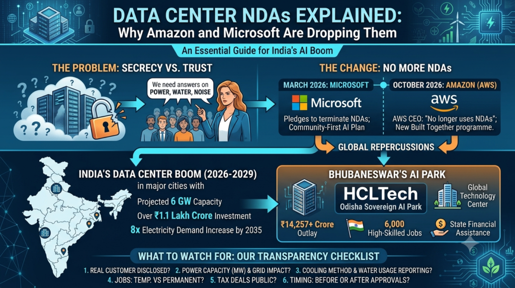 Server racks inside an AI data center representing the shift away from data center NDAs by Amazon and Microsoft.
