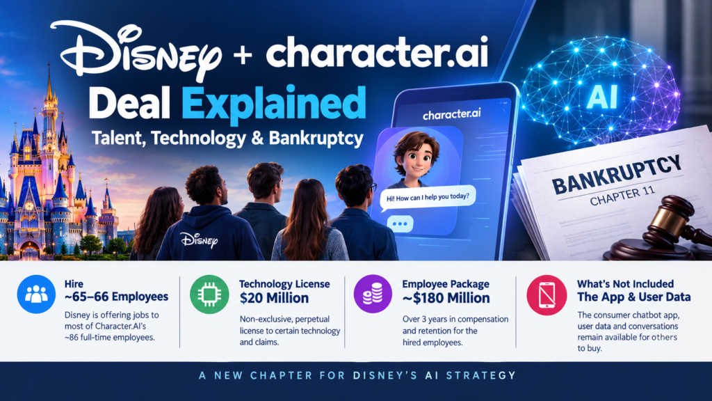 Disney Character.AI deal showing Disney's AI talent acquisition and technology licensing agreement.