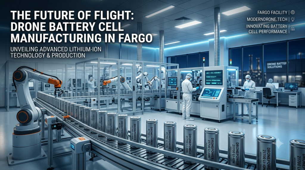 Advanced drone battery cell manufacturing process producing NDAA-compliant lithium-ion cells in Fargo North Dakota.
