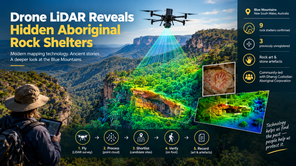 Drone LiDAR maps hidden Aboriginal rock shelters beneath dense Blue Mountains bushland in New South Wales, Australia.