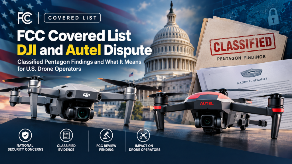 FCC Covered List dispute involving DJI and Autel drones and classified Pentagon security findings.