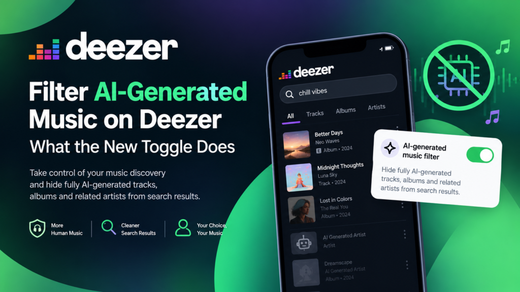 Deezer AI music filter toggle for hiding AI-generated songs from search results.