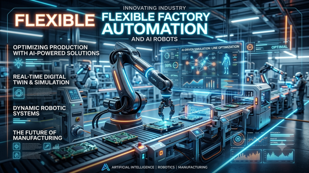 An AI-powered robotic arm performing flexible factory automation tasks on a modern manufacturing assembly line.