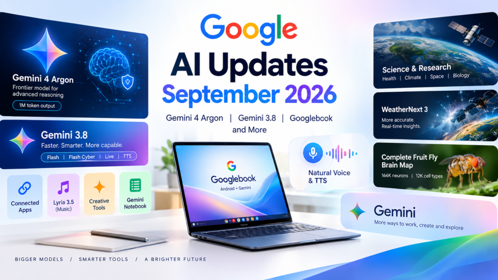 Google AI Updates September 2026 featuring Gemini 4 Argon, Gemini 3.8, Googlebook, and AI research breakthroughs.