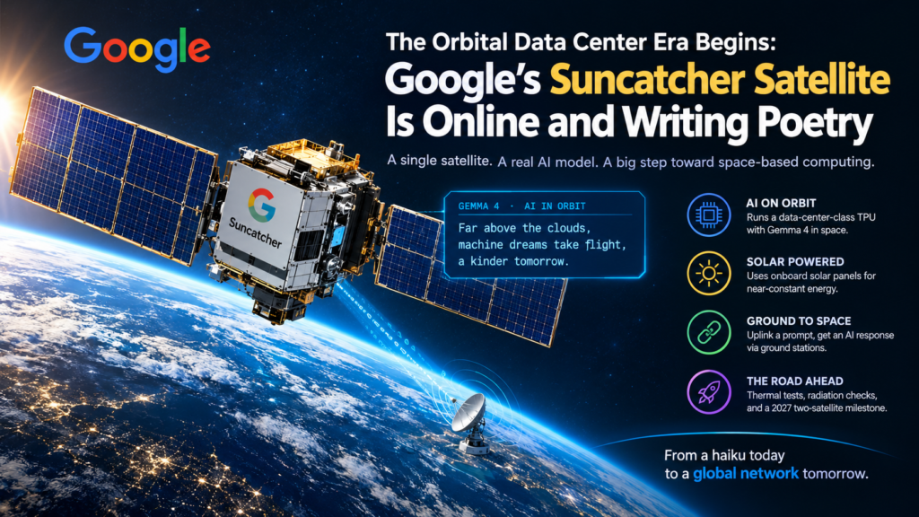 Google Suncatcher satellite running AI on an orbital data center TPU in space.