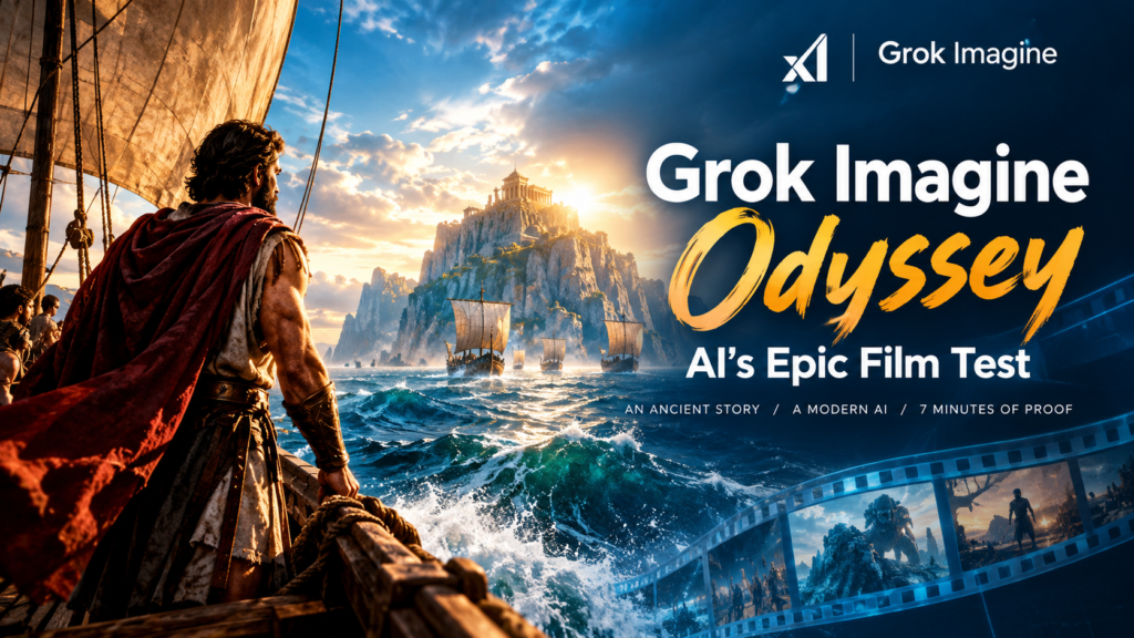 Grok Imagine Odyssey AI-generated film depicting Odysseus on an epic mythological journey.
