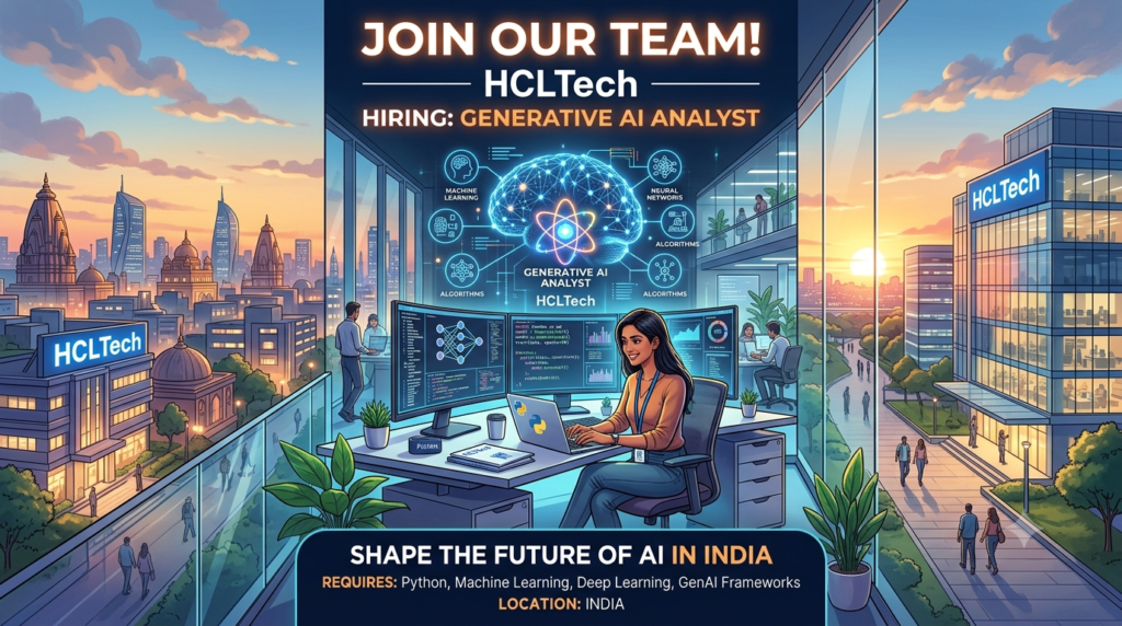 HCLTech hiring Analyst for Generative AI and LLM solutions across top Indian tech hubs for freshers and entry-level talent.