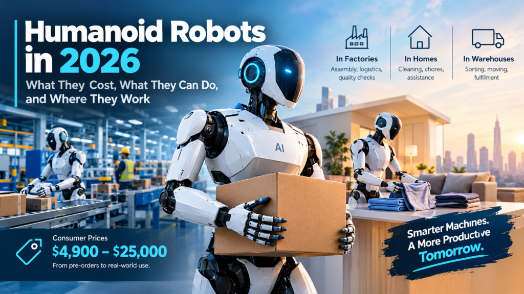 Humanoid robots in 2026 performing industrial and household tasks with AI-powered technology.
