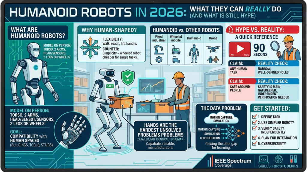 A bipedal humanoid robot working alongside a human operator in a modern automated warehouse setting in 2026.