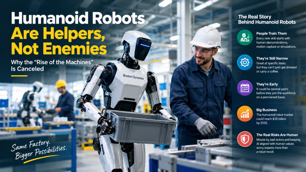 Humanoid robots working alongside humans in a factory, illustrating how humanoid robots assist workers rather than replace them.
