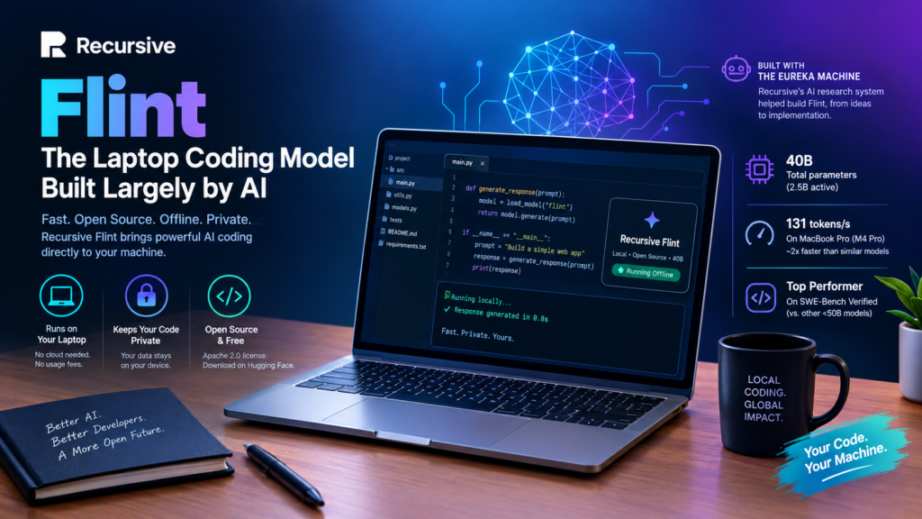 Recursive Flint laptop coding model running locally on a laptop for fast, private, offline AI-assisted coding.