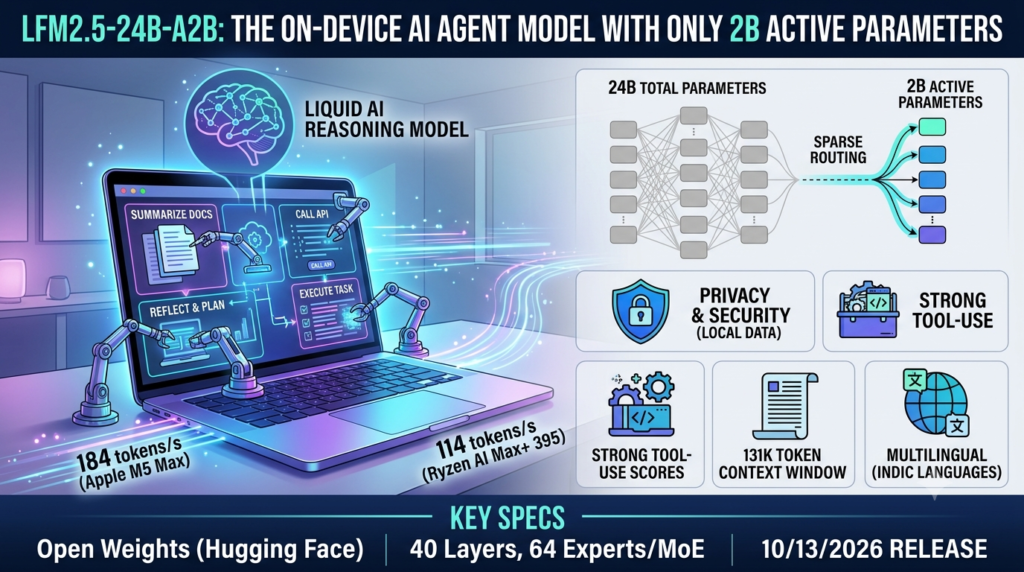 Diagram showing Liquid AI's LFM2.5-24B-A2B mixture-of-experts model running fast, private AI agents on a laptop.