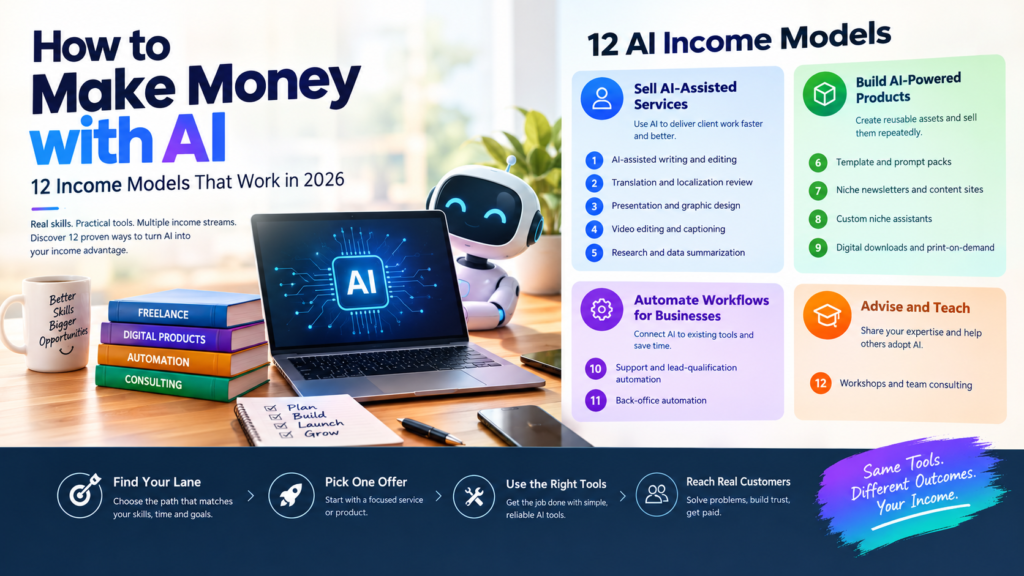 Make money with AI using freelance services, digital products, and business automation in 2026.