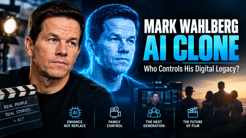 Mark Wahlberg AI clone concept illustrating the actor's digital likeness, AI filmmaking, and plans for his legacy.