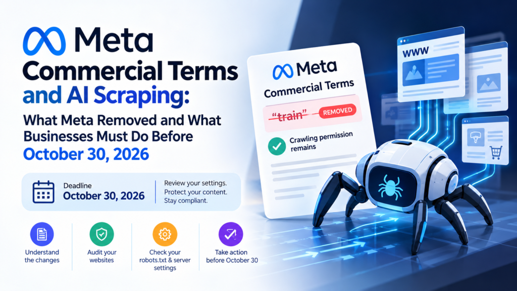 Meta commercial terms and AI scraping rules affecting business websites before October 30, 2026.