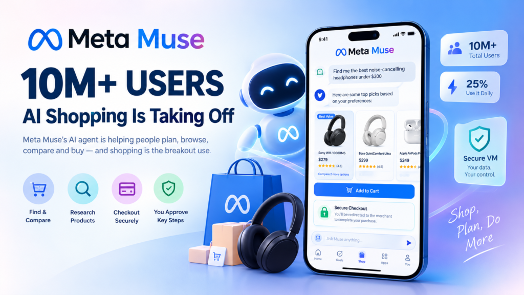 Meta Muse AI shopping agent researching products and completing online purchases securely.