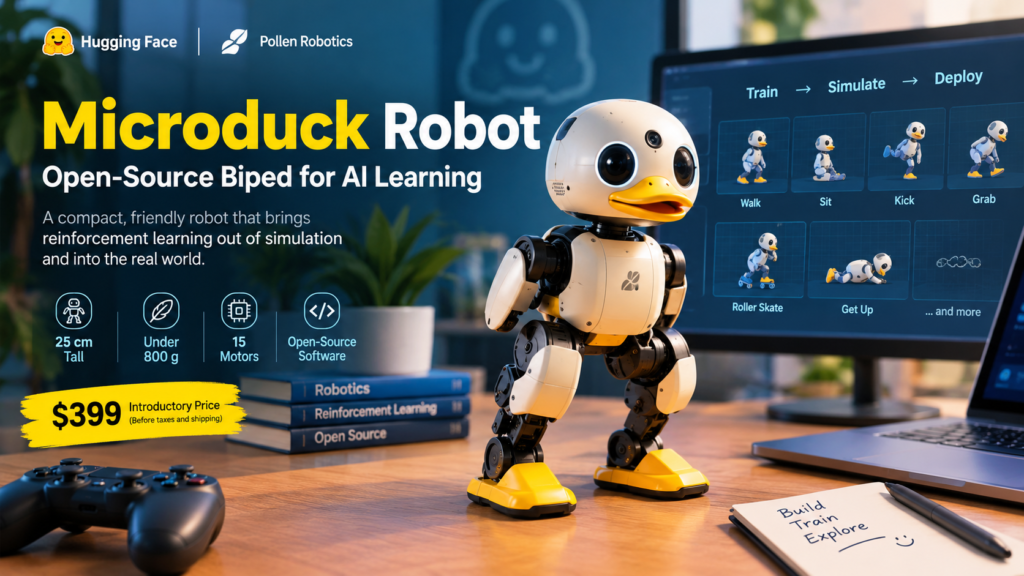 Microduck Robot, a compact open-source biped designed for reinforcement learning, robotics experiments, and AI education.