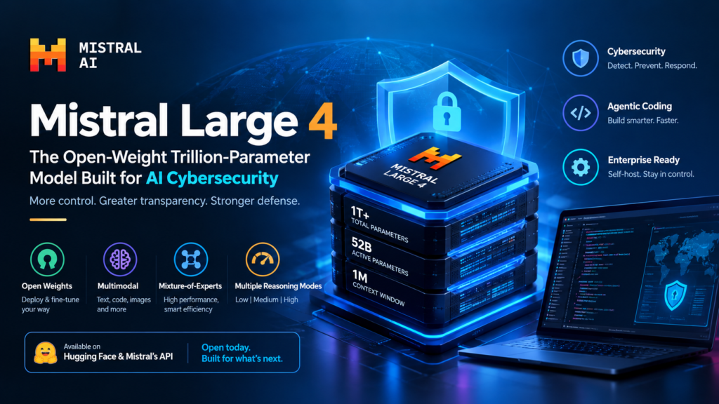 Mistral Large 4 trillion-parameter open-weight AI model for cybersecurity and agentic coding.