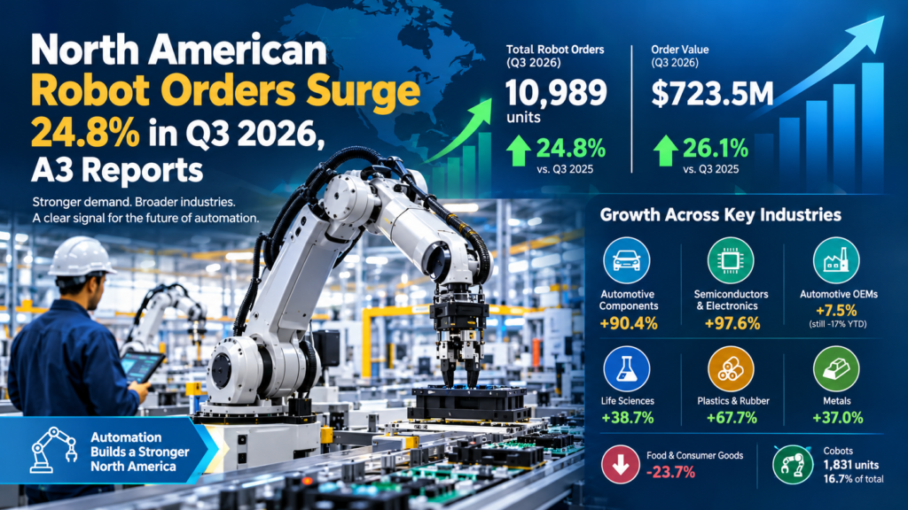 North American robot orders surge 24.8% in Q3 2026, highlighting growing industrial automation across manufacturing industries.