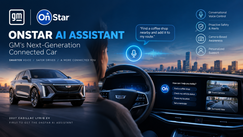 OnStar AI Assistant in a GM vehicle with intelligent voice controls and connected car safety features.