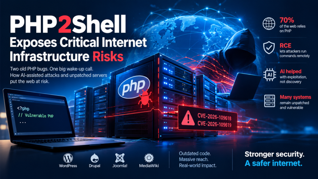 PHP2Shell vulnerability exposing internet infrastructure to cyberattacks through unpatched PHP servers.