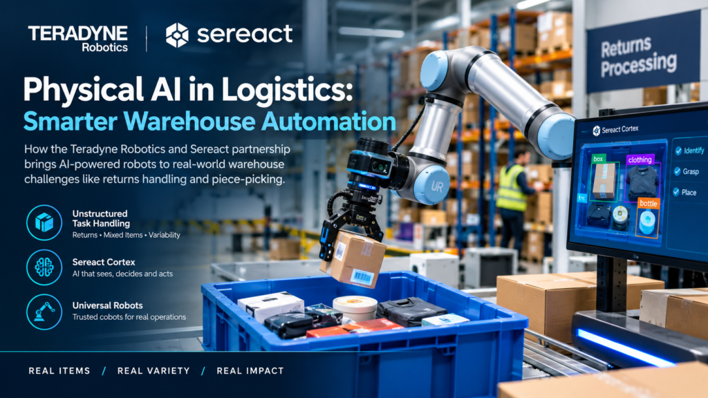 Physical AI in logistics using Sereact Cortex AI and Universal Robots arms for automated warehouse picking and returns handling.