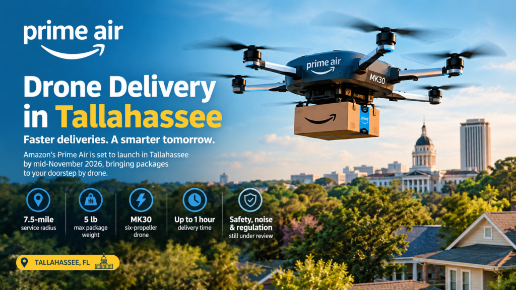 Prime Air drone delivery in Tallahassee featuring Amazon's MK30 drone carrying packages to residential homes.