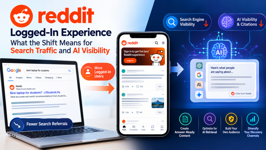Reddit logged-in experience showing changes to search traffic, AI visibility, and content access.