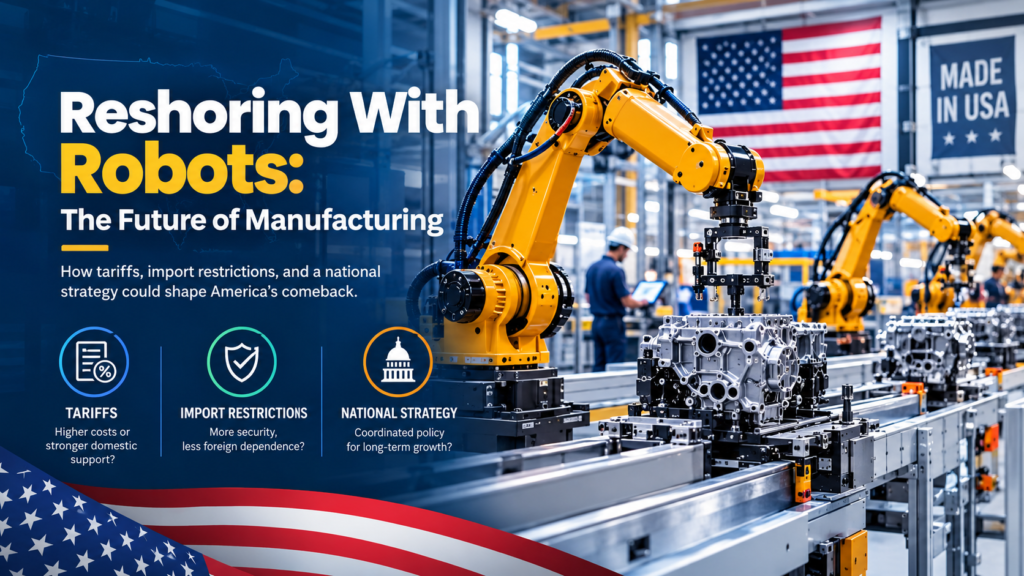 Industrial robots assemble products in a U.S. factory, illustrating reshoring with robots and automated manufacturing.