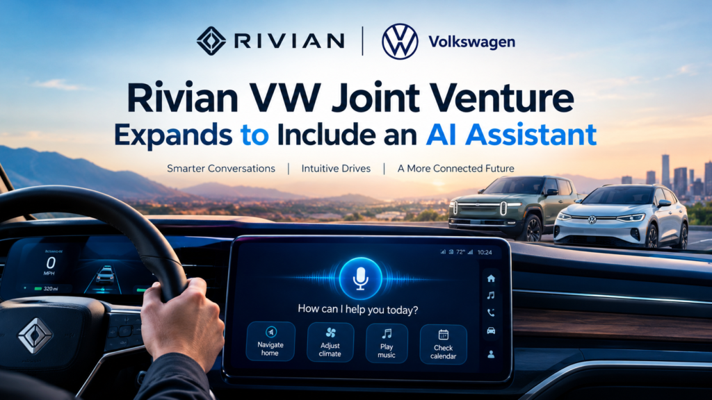 Rivian VW joint venture expanding AI voice assistant technology across future Volkswagen electric vehicles.