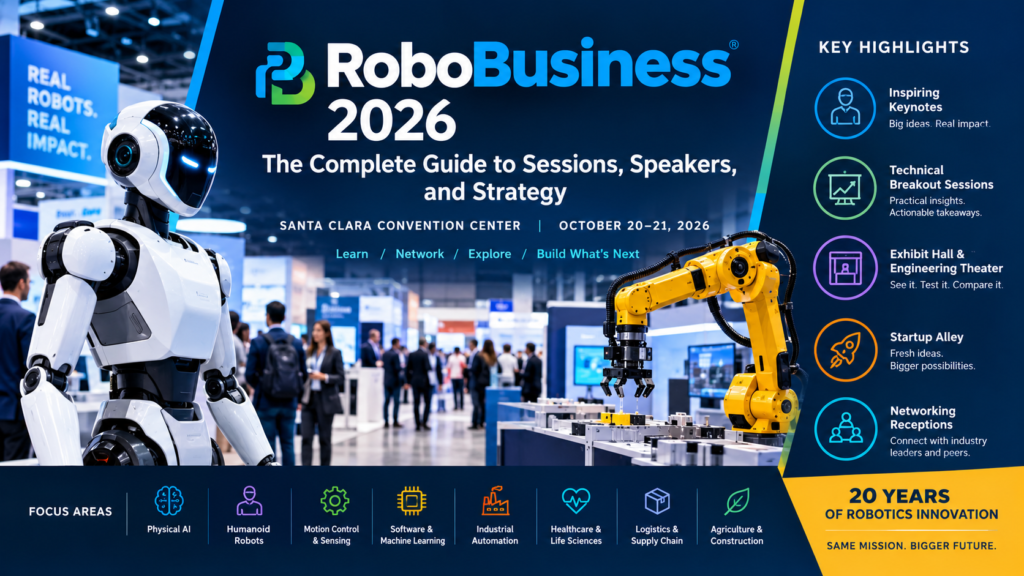 RoboBusiness 2026 robotics conference featuring physical AI, humanoid robots, automation technology, and industry demonstrations.