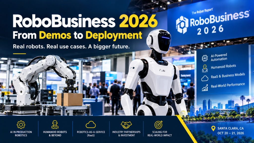 RoboBusiness 2026 showcasing humanoid robots, AI-powered automation, and commercial robotics innovations.