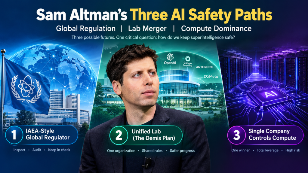 Sam Altman’s AI safety paths featuring global AI regulation, a unified AI lab, and centralized computing power.