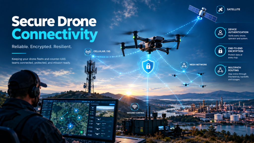 Secure drone connectivity with encrypted communications, network links, and fleet monitoring for reliable drone operations.