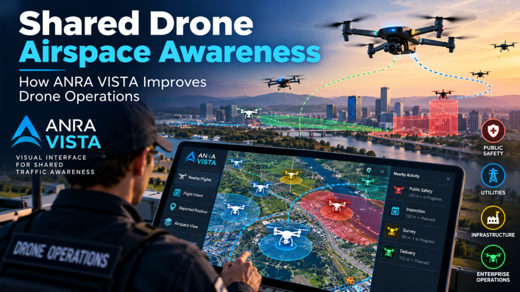ANRA VISTA shared drone airspace awareness showing nearby drone flights and reported positions on a visual interface.