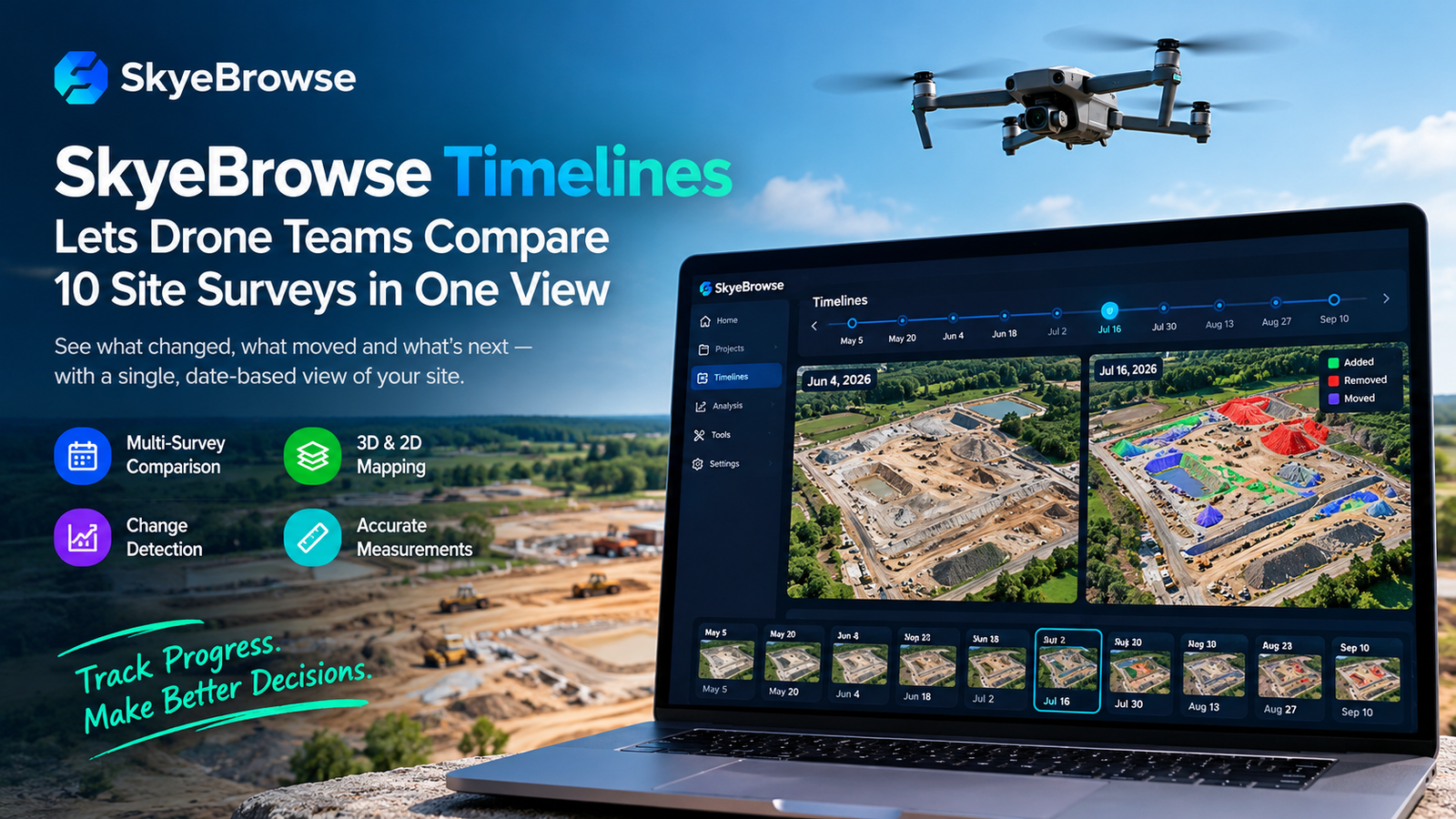 SkyeBrowse Timelines compares drone surveys to visualize site changes over time using 3D mapping.