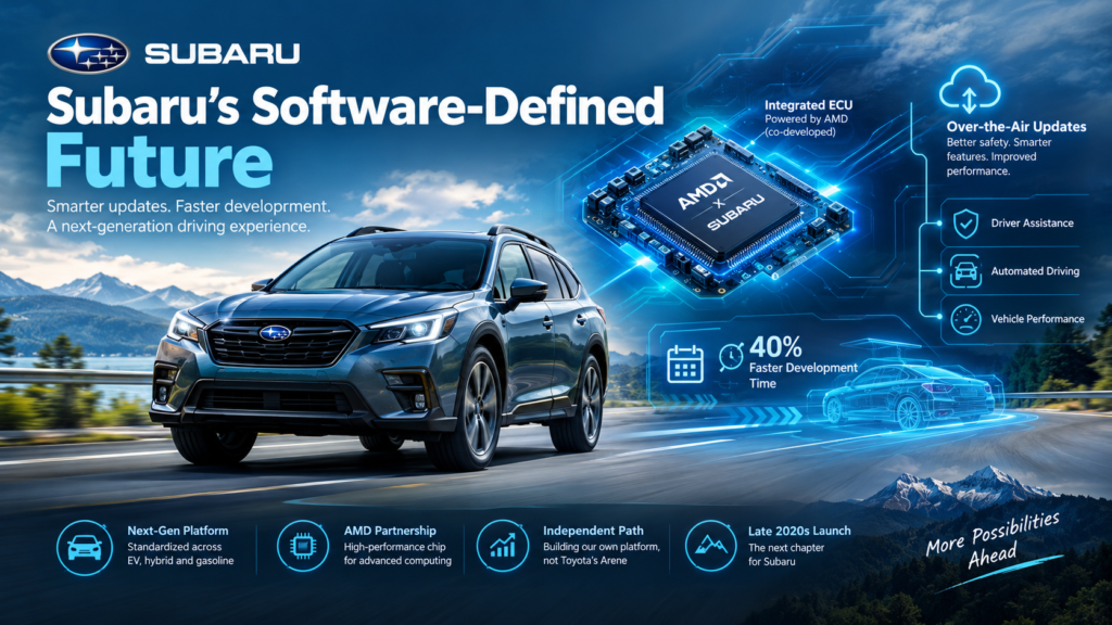 Subaru software-defined vehicle strategy featuring connected car technology, an integrated ECU, and over-the-air software updates.