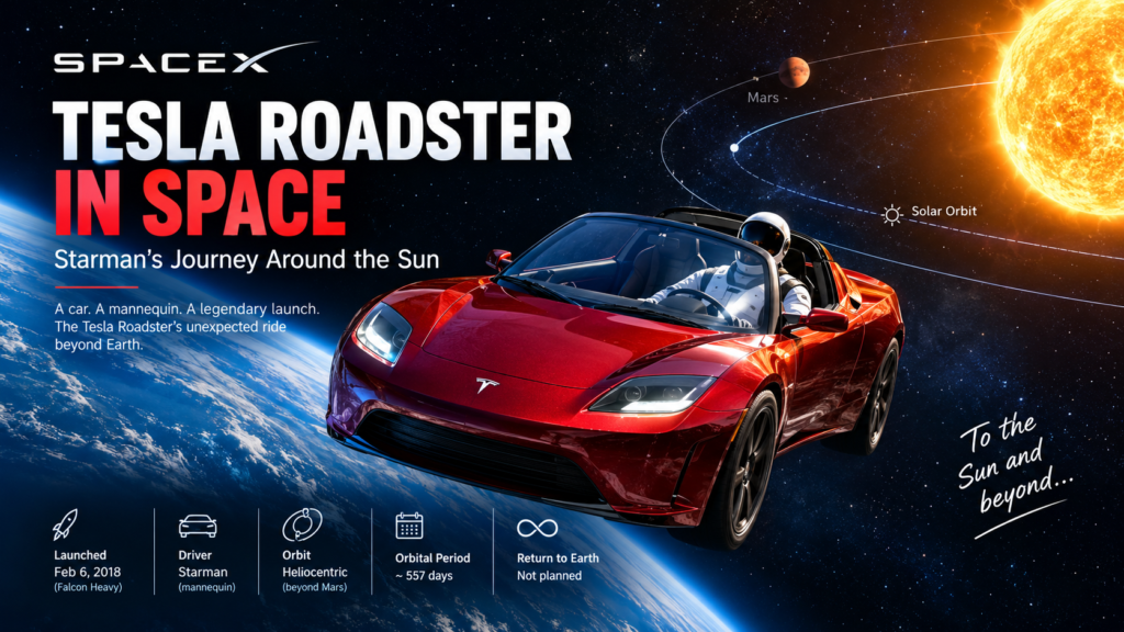 Tesla Roadster in space with Starman mannequin orbiting the Sun after SpaceX Falcon Heavy launch.