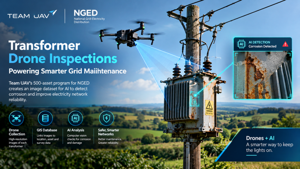 Transformer drone inspections capturing pole-mounted transformers for AI-powered corrosion detection and electricity network maintenance.